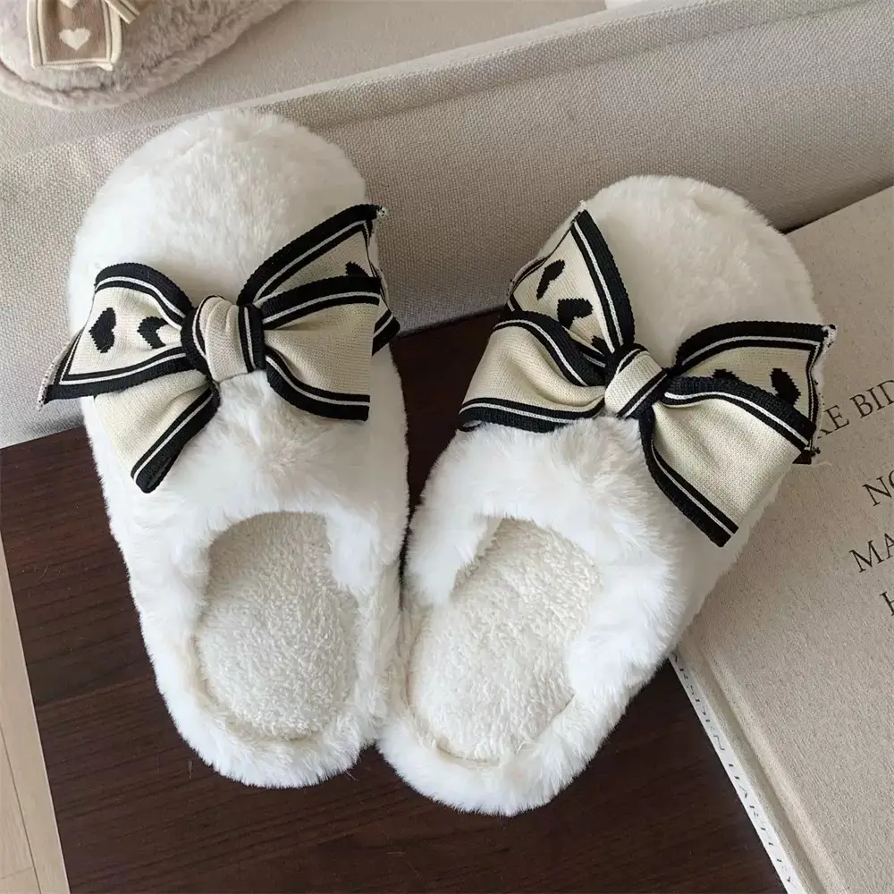 Women's Bowknot Furry Slippers Winter Warm Cotton Indoor Non-Slip - Image 4