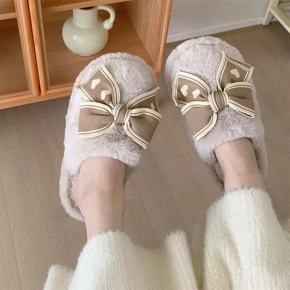 Women's Bowknot Furry Slippers Winter Warm Cotton Indoor Non-Slip - Image 5