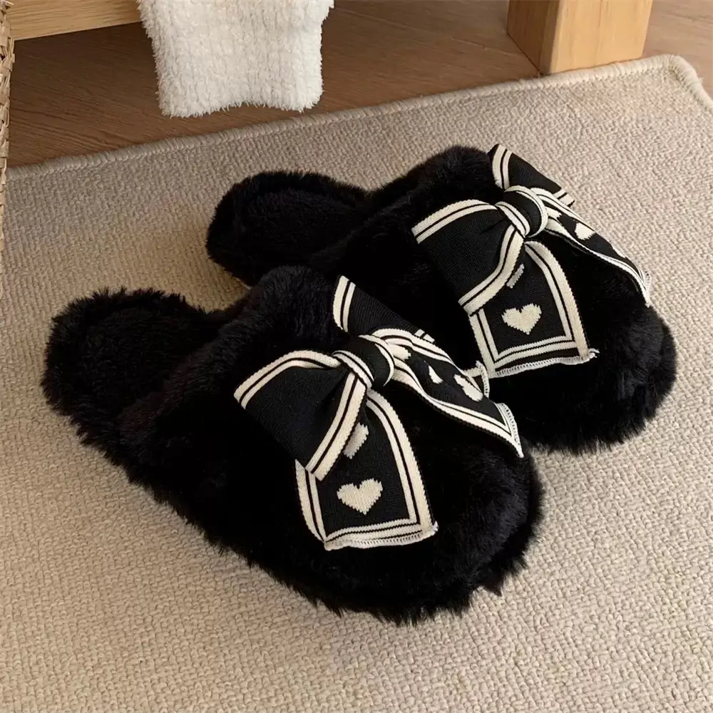 Women's Bowknot Furry Slippers Winter Warm Cotton Indoor Non-Slip - Image 6