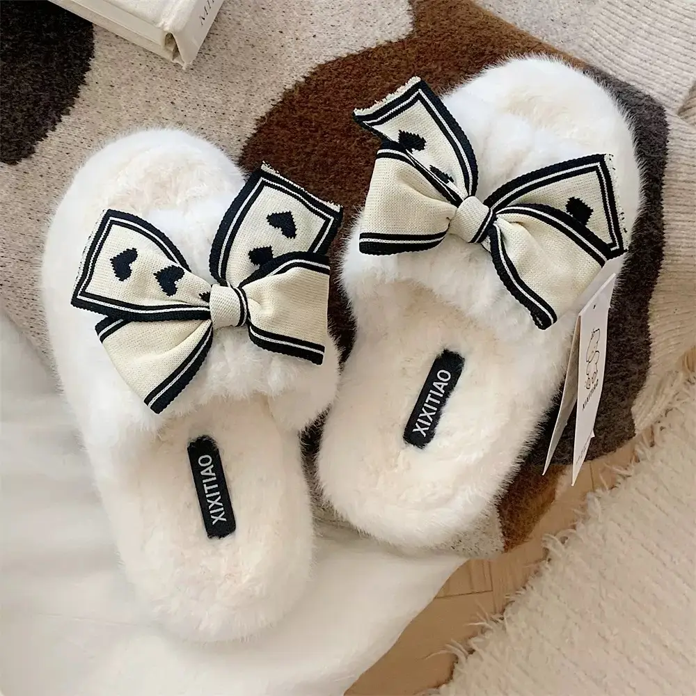 Women's Bowknot Furry Slippers Winter Warm Cotton Indoor Non-Slip - Image 7