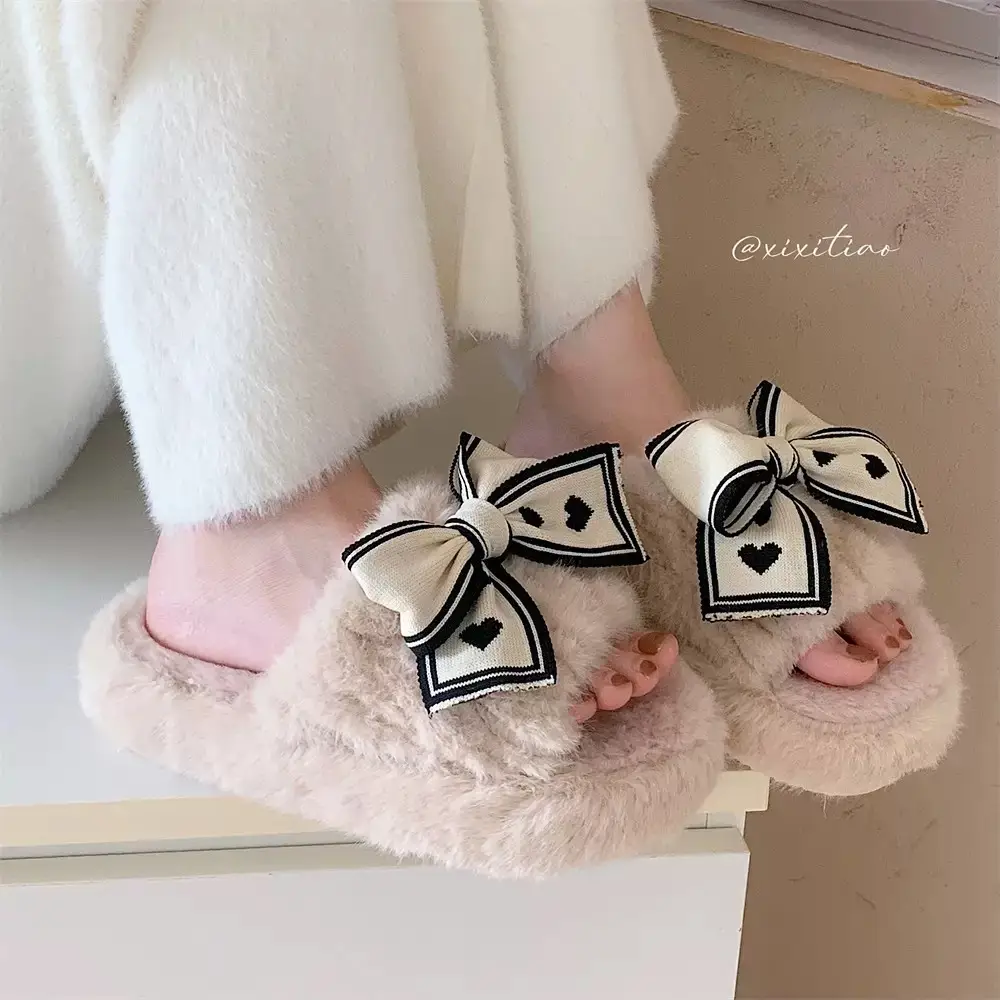 Women's Bowknot Furry Slippers Winter Warm Cotton Indoor Non-Slip - Image 8