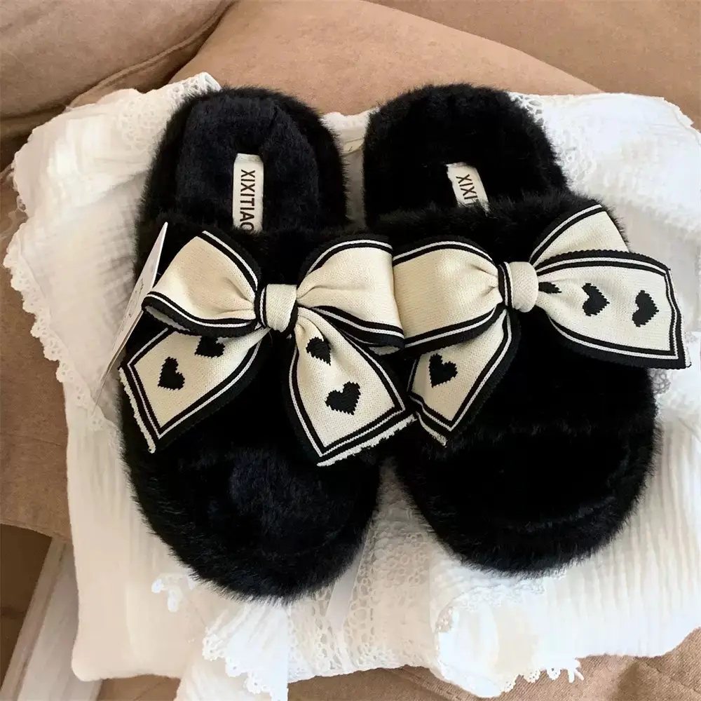 Women's Bowknot Furry Slippers Winter Warm Cotton Indoor Non-Slip - Image 9