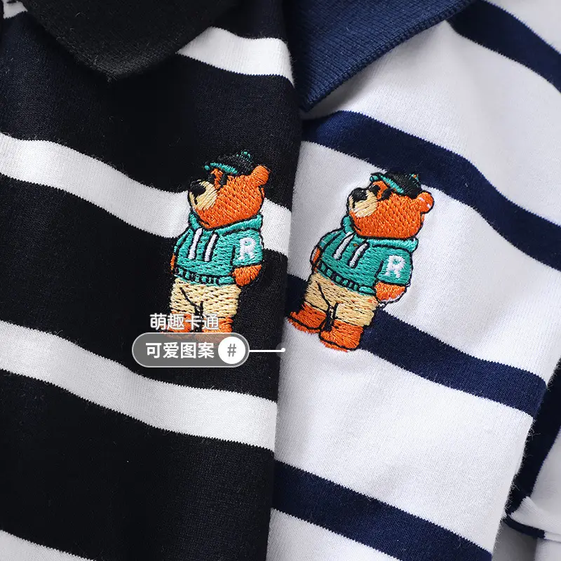Kids Long Sleeve Polo Shirt Black White Striped Spring Outing - Image 4