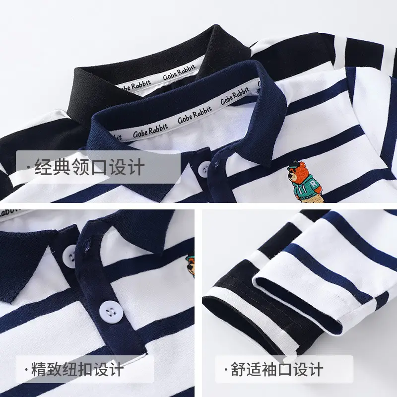 Kids Long Sleeve Polo Shirt Black White Striped Spring Outing - Image 5