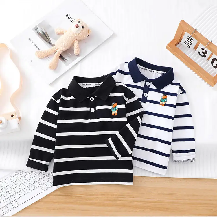 Kids Long Sleeve Polo Shirt Black White Striped Spring Outing — feature 1