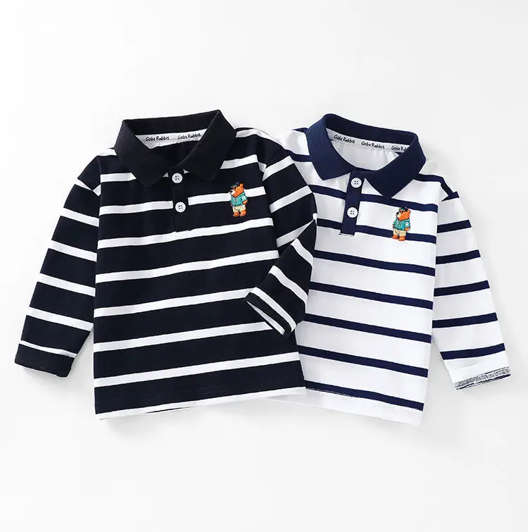 Kids Long Sleeve Polo Shirt Black White Striped Spring Outing — feature 4
