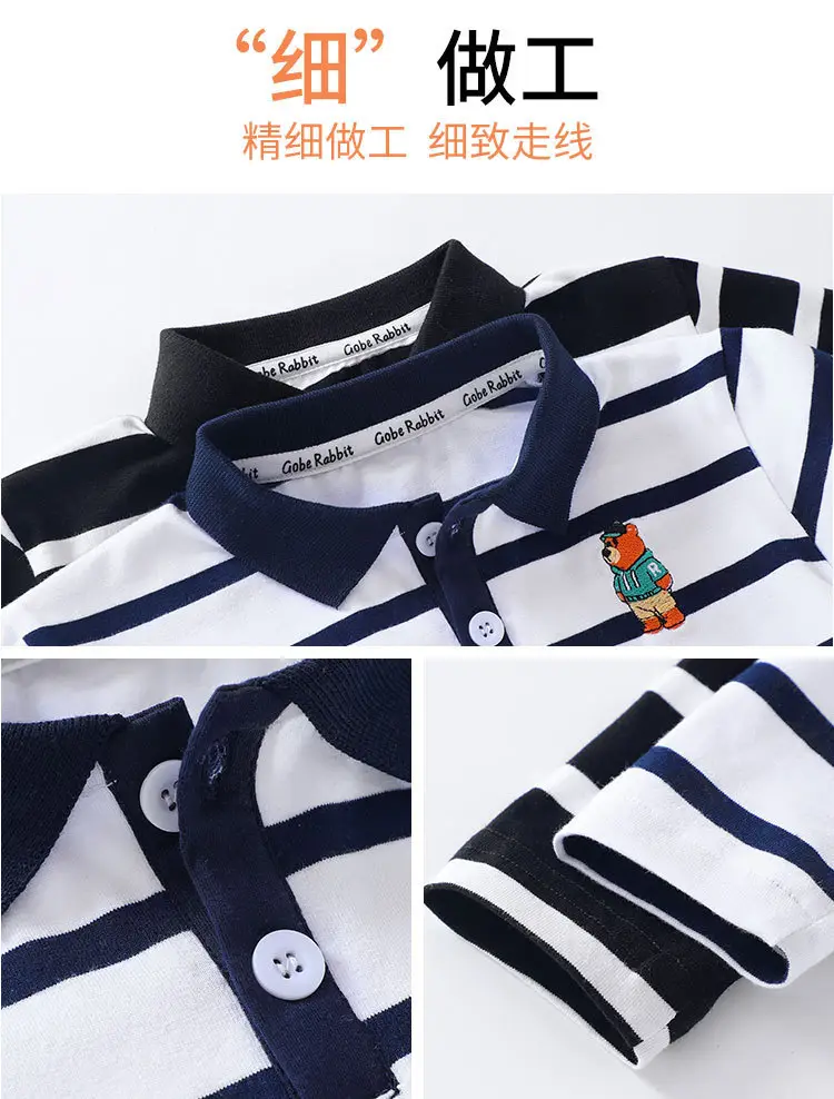 Kids Long Sleeve Polo Shirt Black White Striped Spring Outing — feature 5