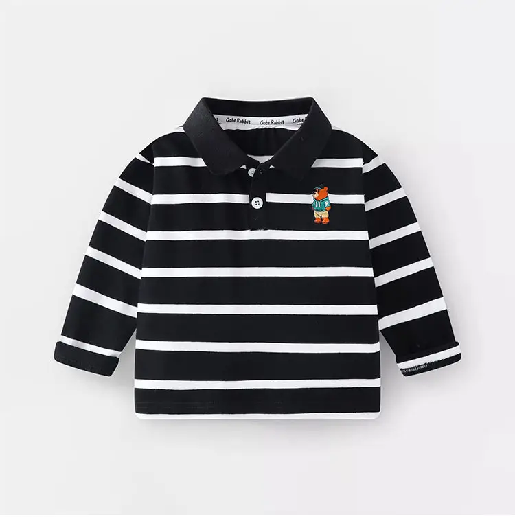 Kids Long Sleeve Polo Shirt Black White Striped Spring Outing — feature 8