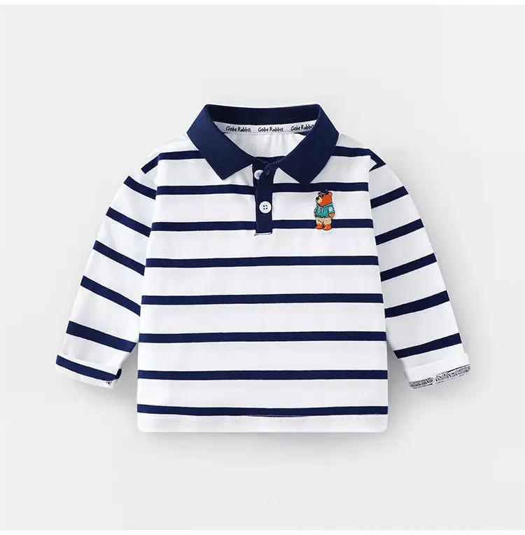 Kids Long Sleeve Polo Shirt Black White Striped Spring Outing — feature 9
