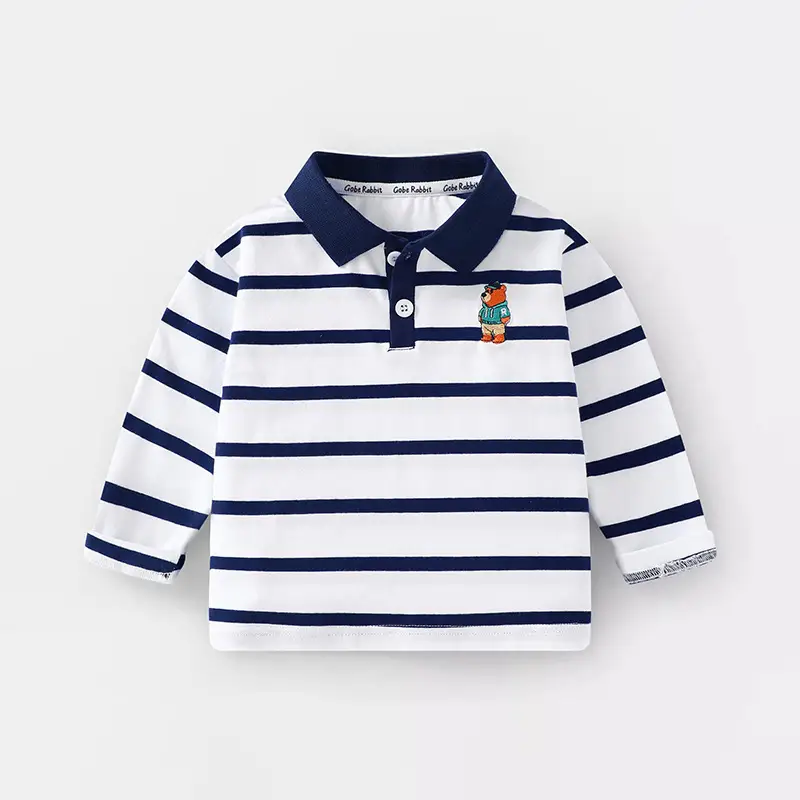 Kids Long Sleeve Polo Shirt Black White Striped Spring Outing - Image 2