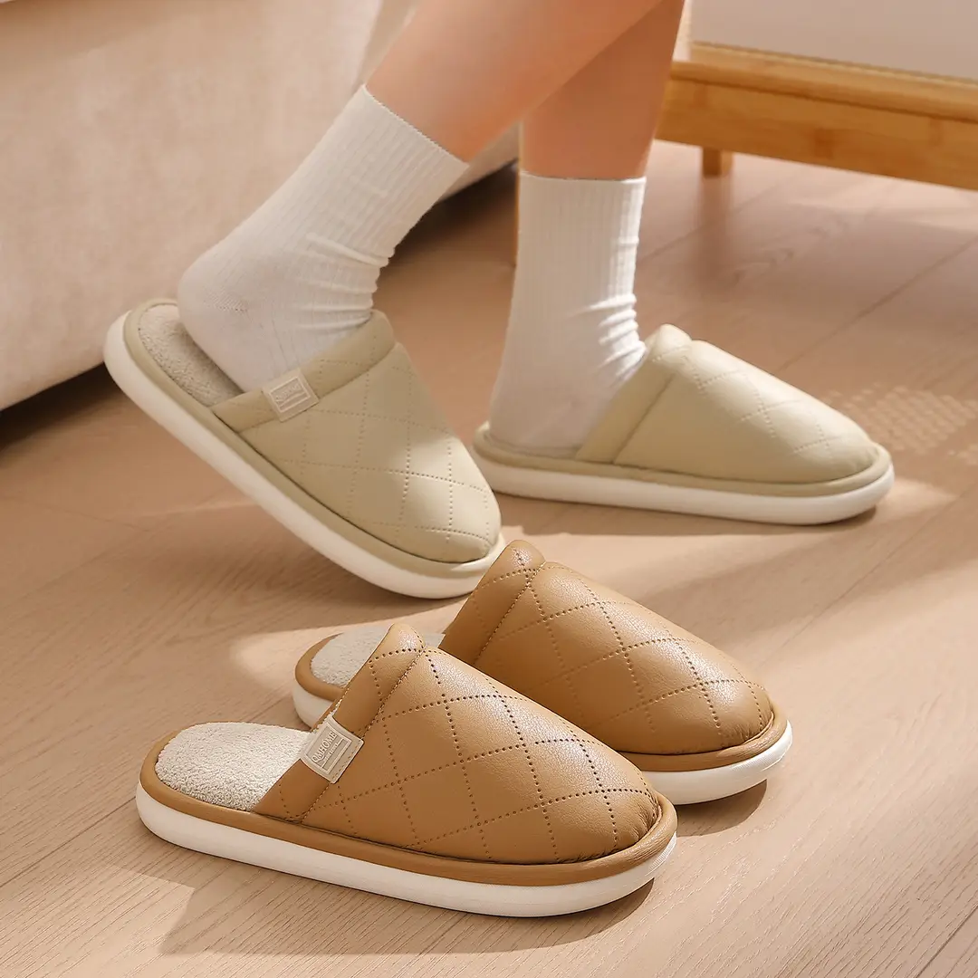Pu Waterproof Cotton Slippers for Men in Autumn and Winter, Indoor Home Use, Thick-Soled, Warm and Comfortable Plush Cotton Slippers for Women Wholesale - Image 6