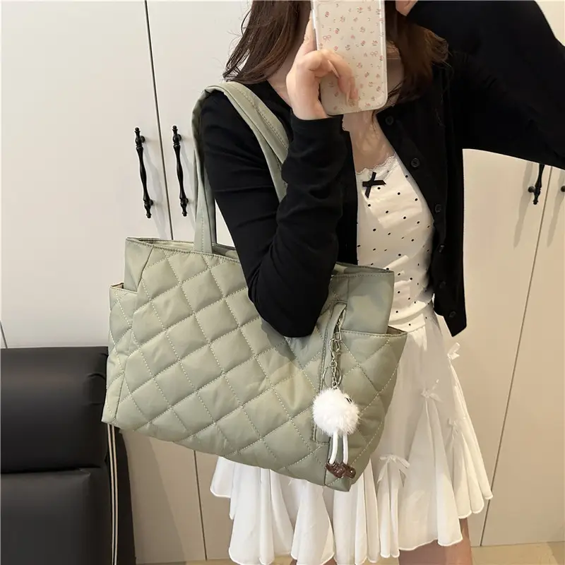Black Quilted Women's Shoulder Bag with Pom Pom Charm - Image 10