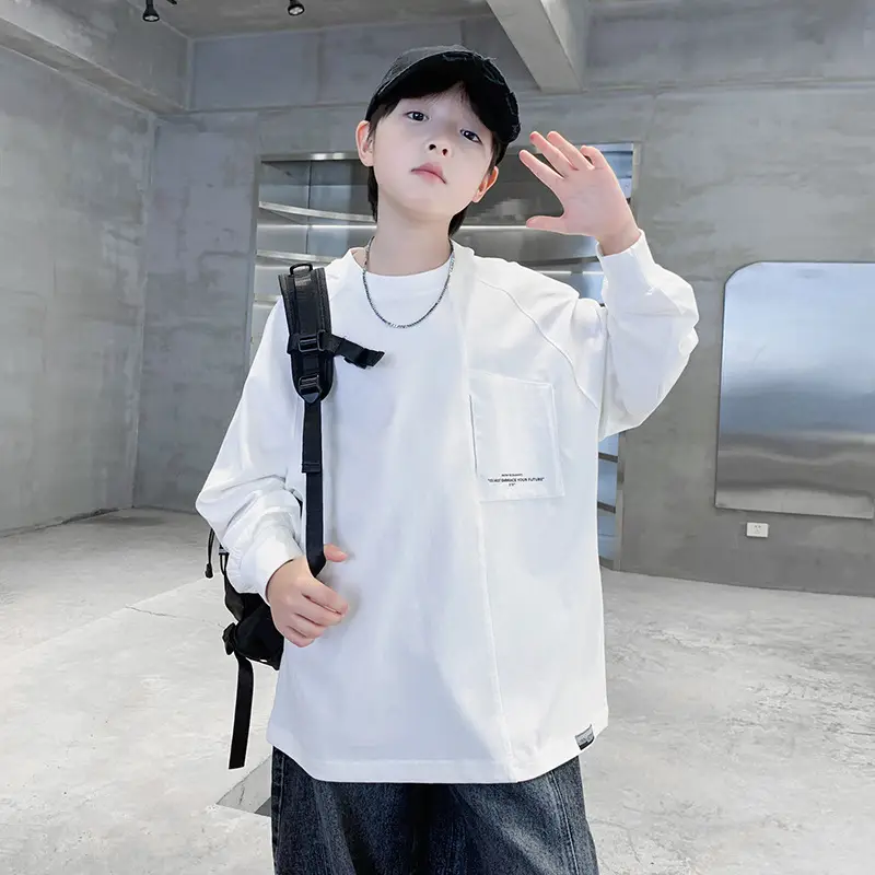 White Long Sleeve T-Shirt for Boys Loose Fit — feature 2