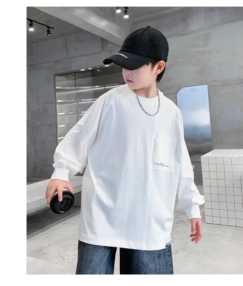 White Long Sleeve T-Shirt for Boys Loose Fit — feature 23