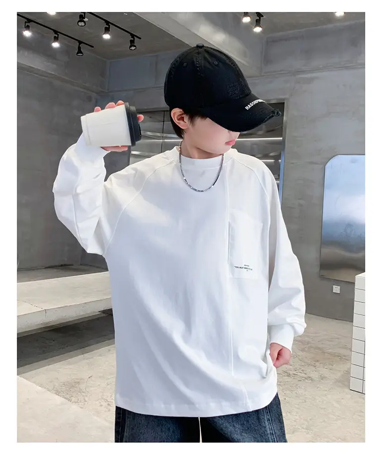 White Long Sleeve T-Shirt for Boys Loose Fit — feature 24