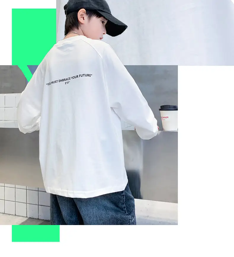 White Long Sleeve T-Shirt for Boys Loose Fit — feature 7