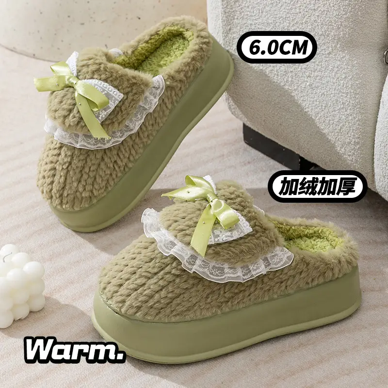 Women's Warm Plush Slipper Green Bow - Image 6