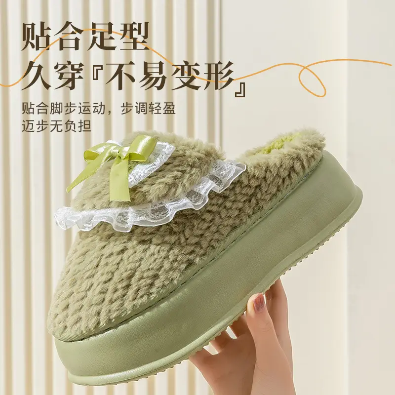 Women's Warm Plush Slipper Green Bow - Image 7