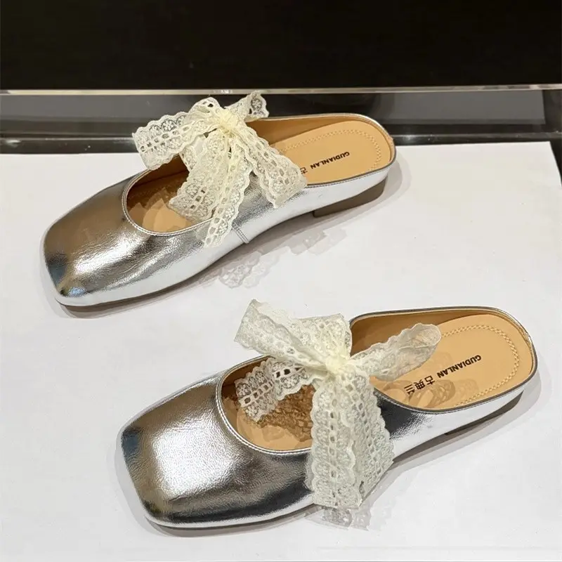 French Style Silver Lace Mules for Women Summer 2025 - Image 5