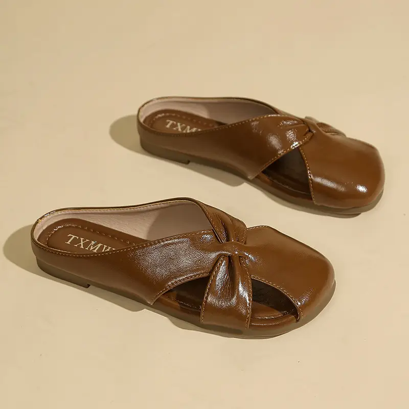 Brown French Lazy Muller Sandals for Women Low Heel Soft Leather - Image 2