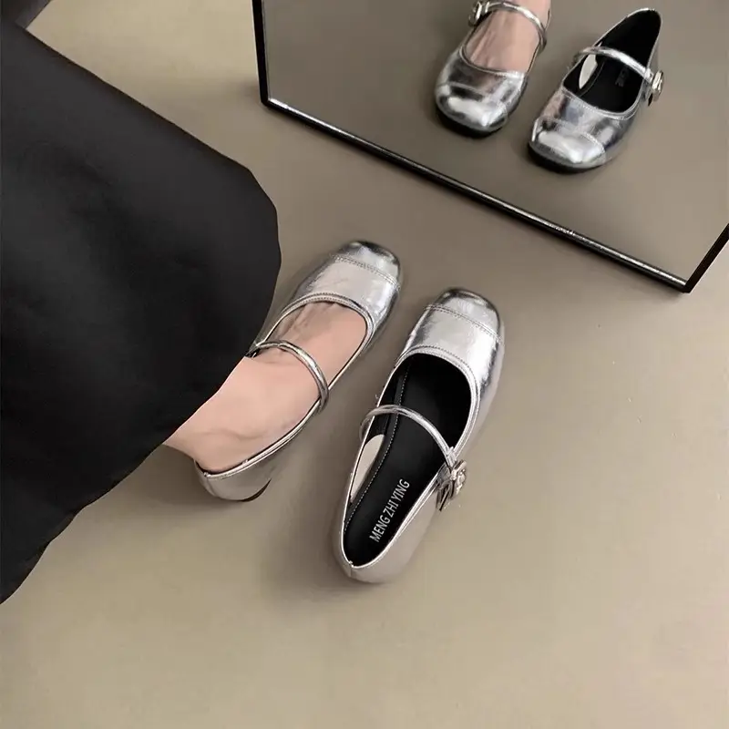 Square Toe Shallow Mouth Versatile Flats Silver Mary Jane Shoes for Women 2025 New Summer French Style Small Leather Shoes with Skirts - Image 5