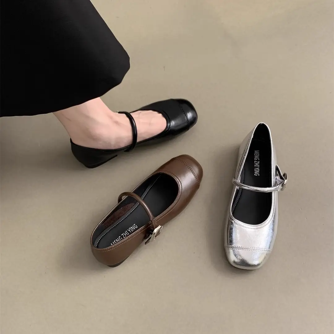 Square Toe Shallow Mouth Versatile Flats Silver Mary Jane Shoes for Women 2025 New Summer French Style Small Leather Shoes with Skirts - Image 6