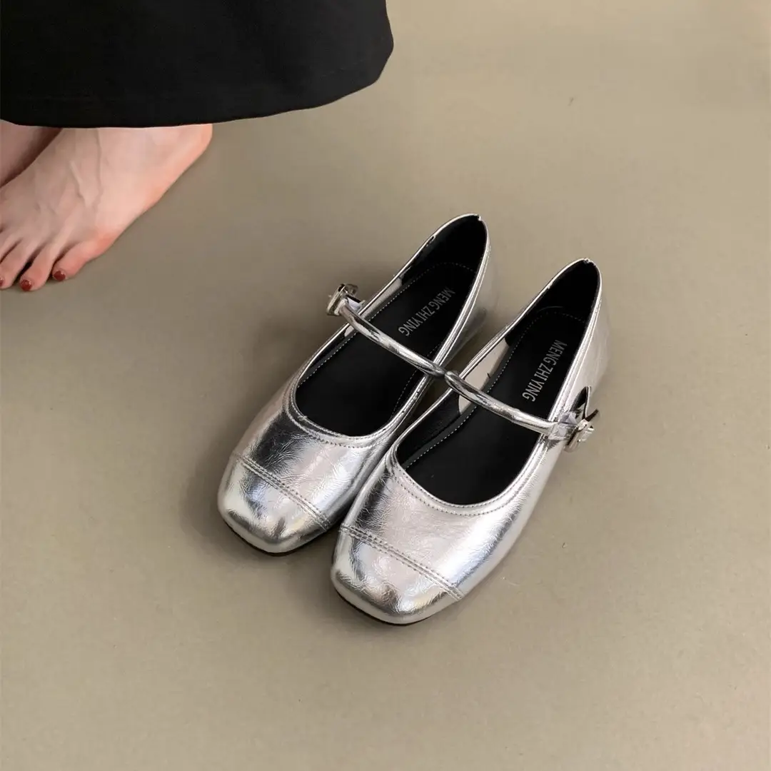 Square Toe Shallow Mouth Versatile Flats Silver Mary Jane Shoes for Women 2025 New Summer French Style Small Leather Shoes with Skirts - Image 7