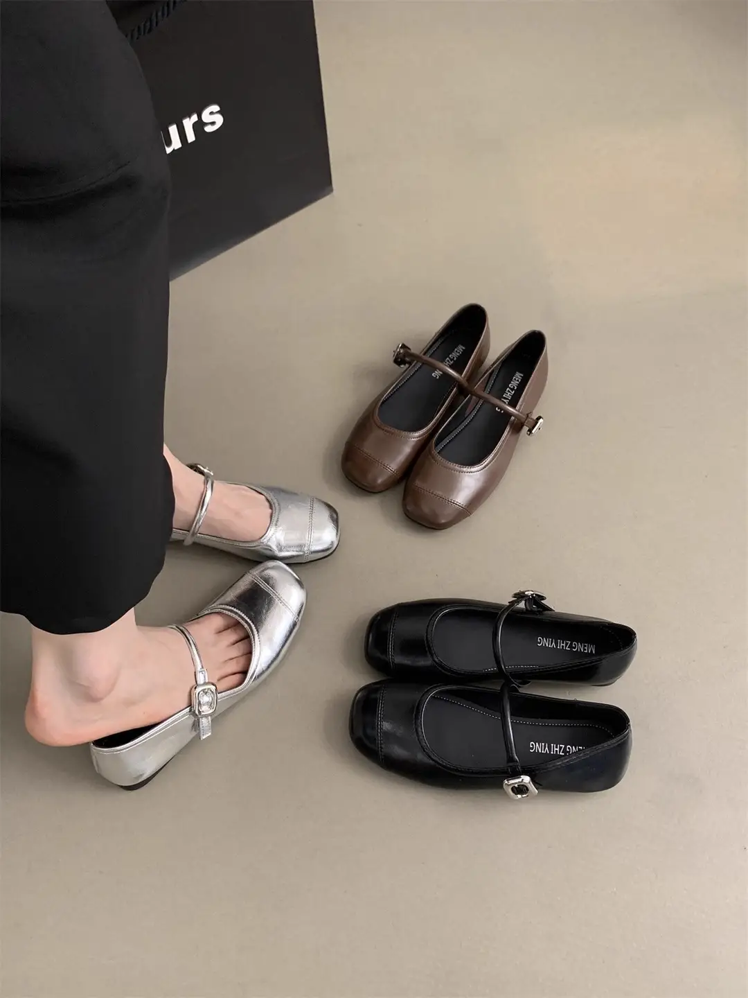 Square Toe Shallow Mouth Versatile Flats Silver Mary Jane Shoes for Women 2025 New Summer French Style Small Leather Shoes with Skirts — feature 3
