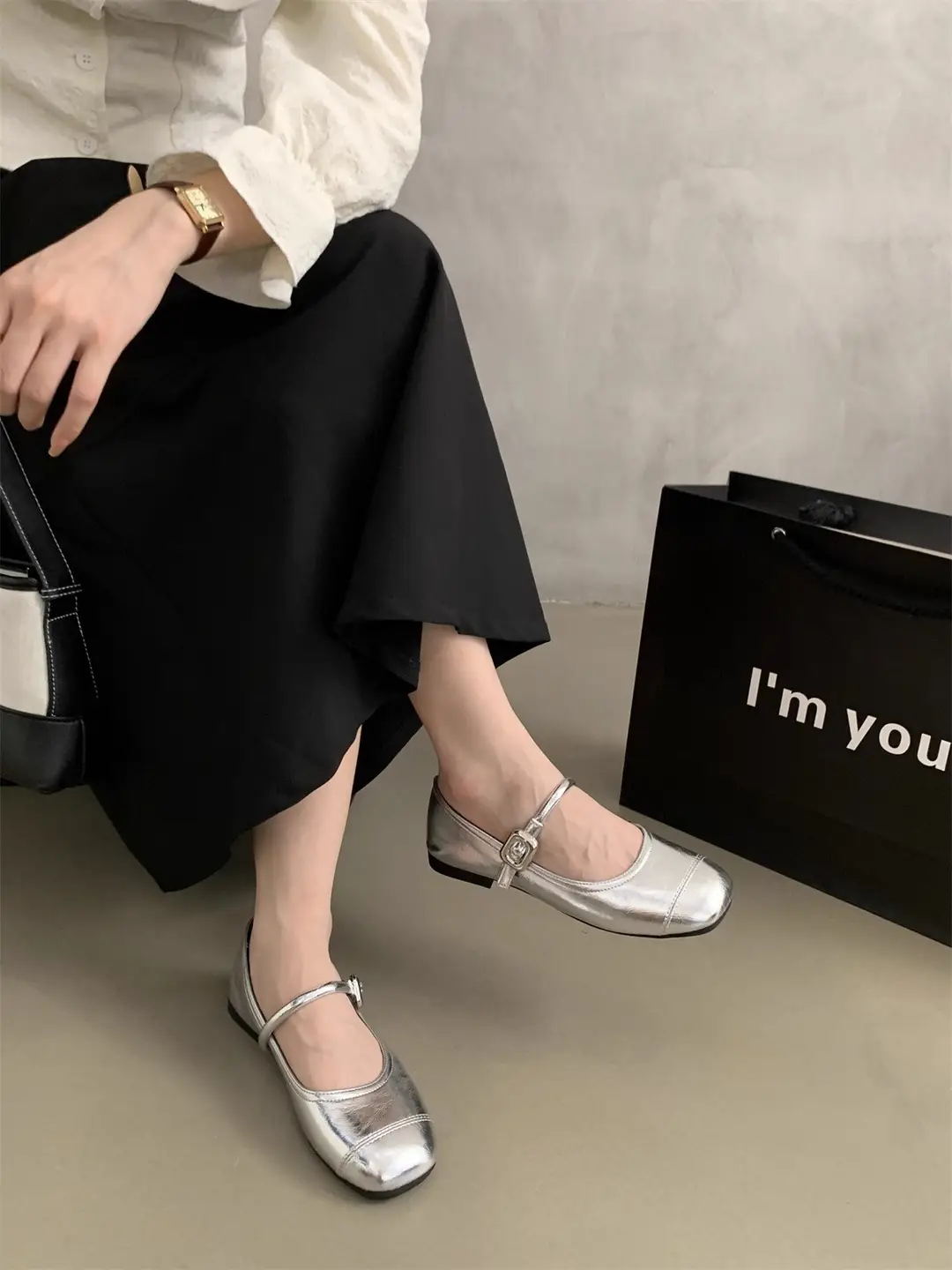 Square Toe Shallow Mouth Versatile Flats Silver Mary Jane Shoes for Women 2025 New Summer French Style Small Leather Shoes with Skirts — feature 5