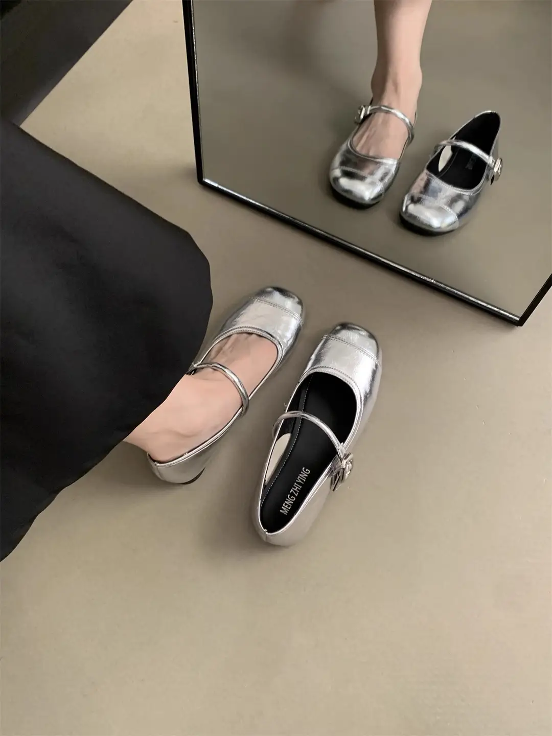 Square Toe Shallow Mouth Versatile Flats Silver Mary Jane Shoes for Women 2025 New Summer French Style Small Leather Shoes with Skirts — feature 6