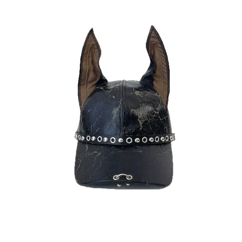American Doberman Ears Cap for Men Women Y2K Leather Punk Rivet