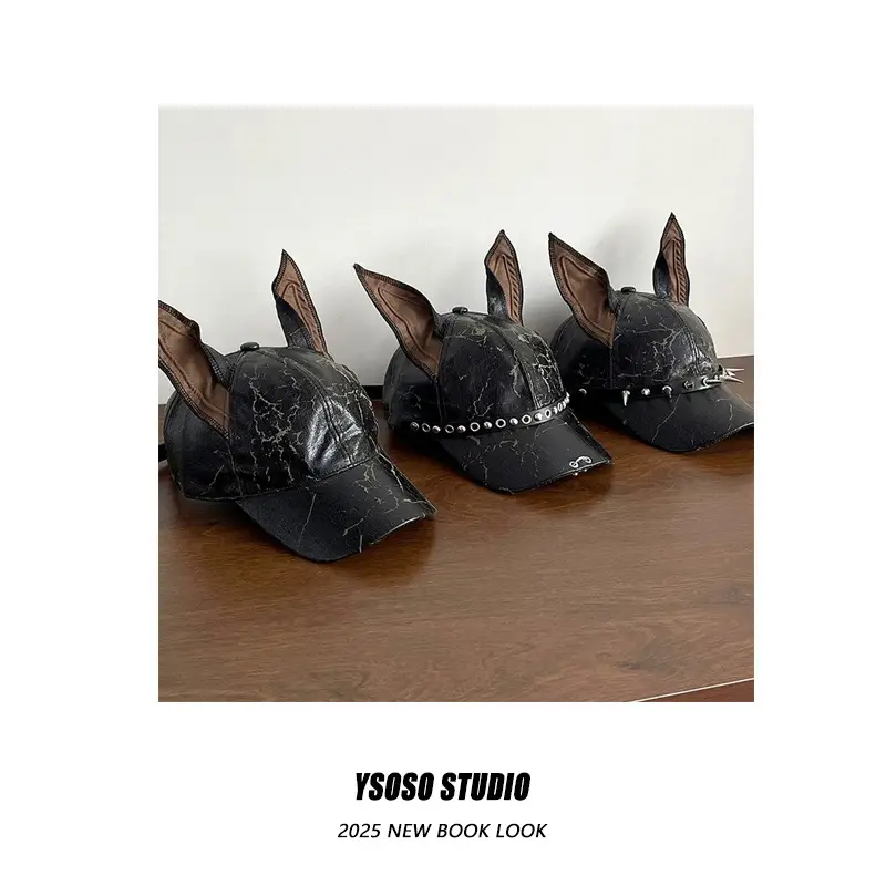 American Doberman Ears Cap for Men Women Y2K Leather Punk Rivet — feature 1