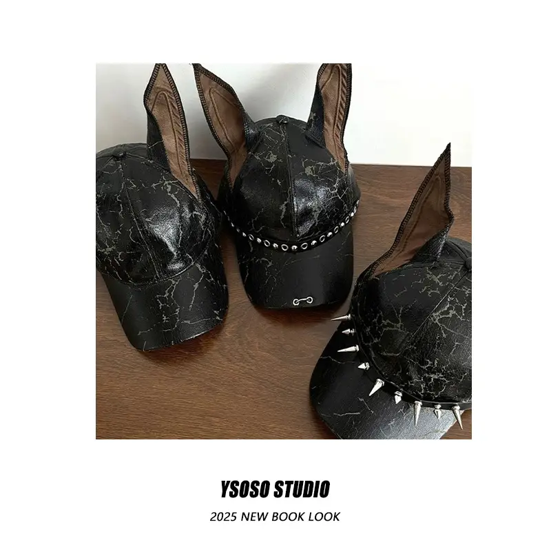 American Doberman Ears Cap for Men Women Y2K Leather Punk Rivet — feature 2