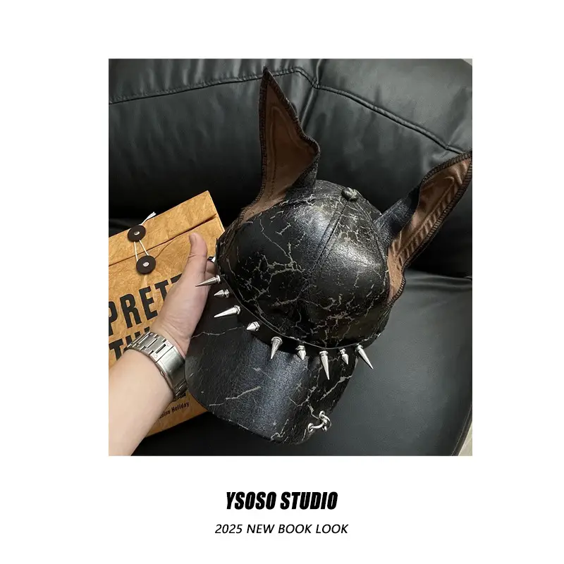 American Doberman Ears Cap for Men Women Y2K Leather Punk Rivet — feature 3