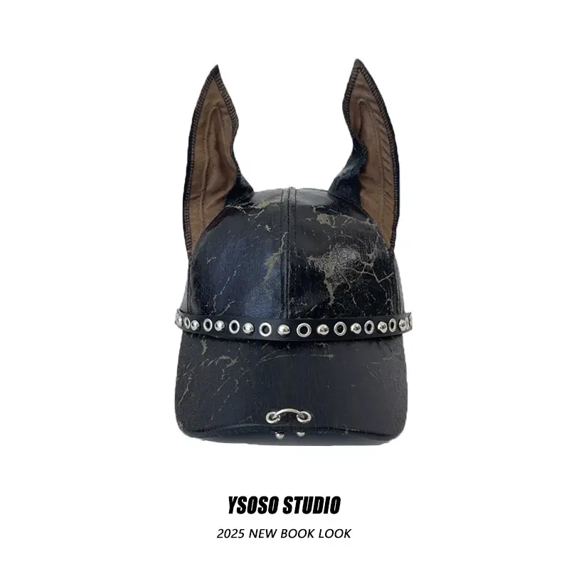 American Doberman Ears Cap for Men Women Y2K Leather Punk Rivet — feature 5