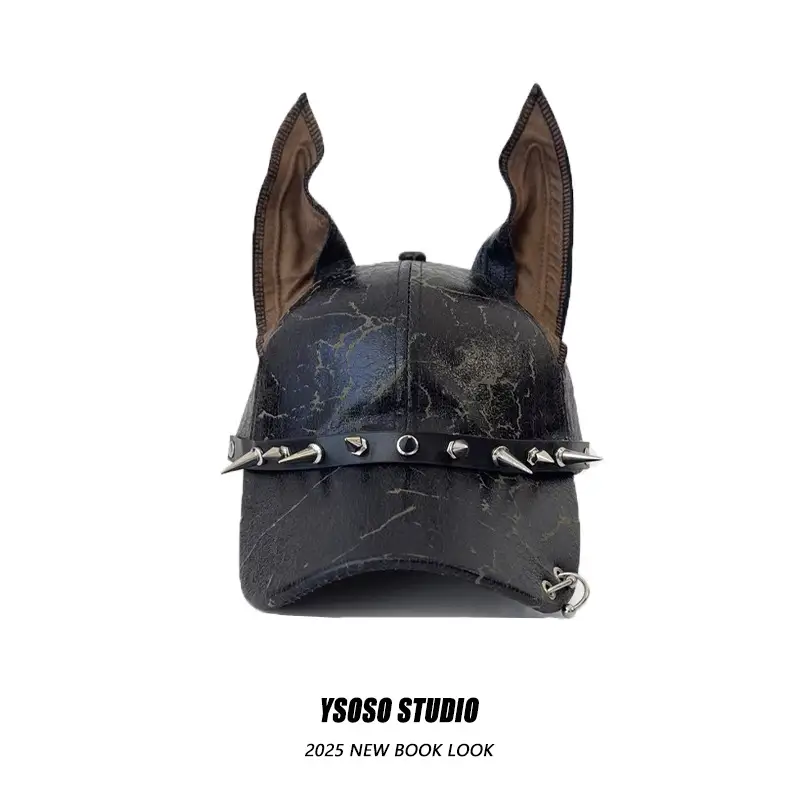 American Doberman Ears Cap for Men Women Y2K Leather Punk Rivet — feature 6