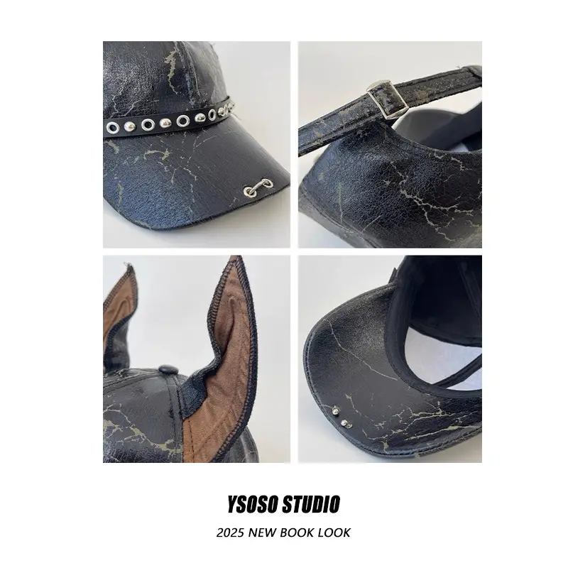 American Doberman Ears Cap for Men Women Y2K Leather Punk Rivet — feature 7