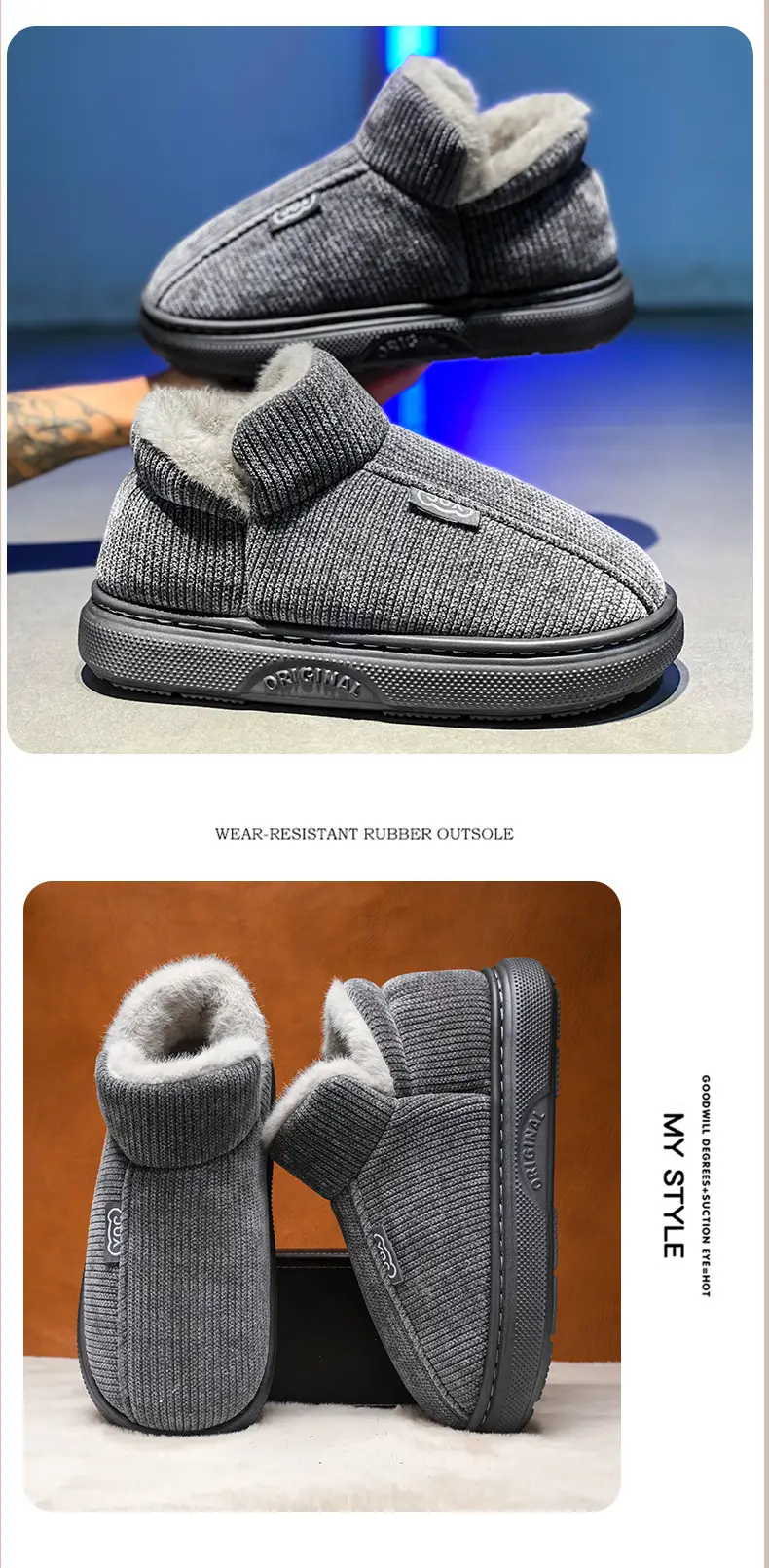 Men's Winter Slip-On Cotton Slippers Grey — feature 10