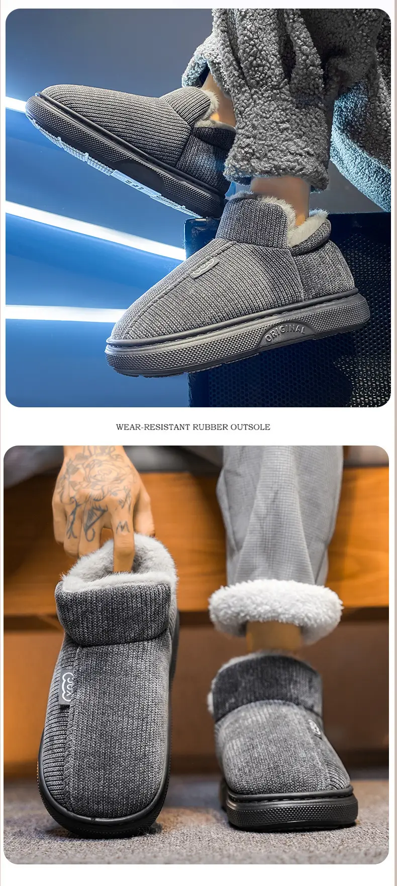 Men's Winter Slip-On Cotton Slippers Grey — feature 8