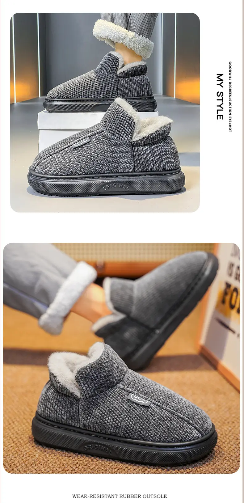 Men's Winter Slip-On Cotton Slippers Grey — feature 9