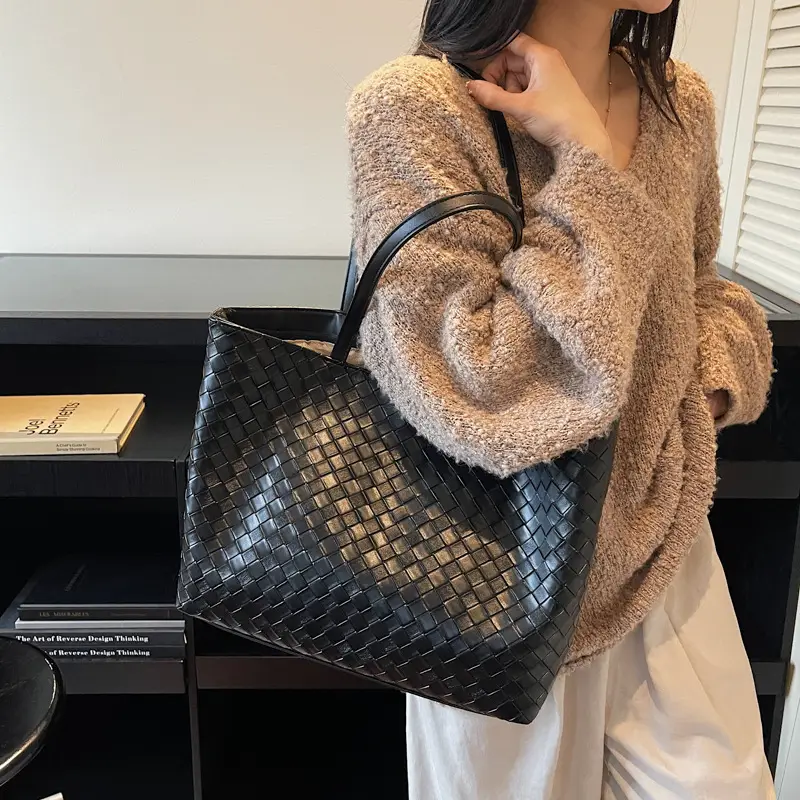 Women Woven Leather Shoulder Bag Large Fashion Tote