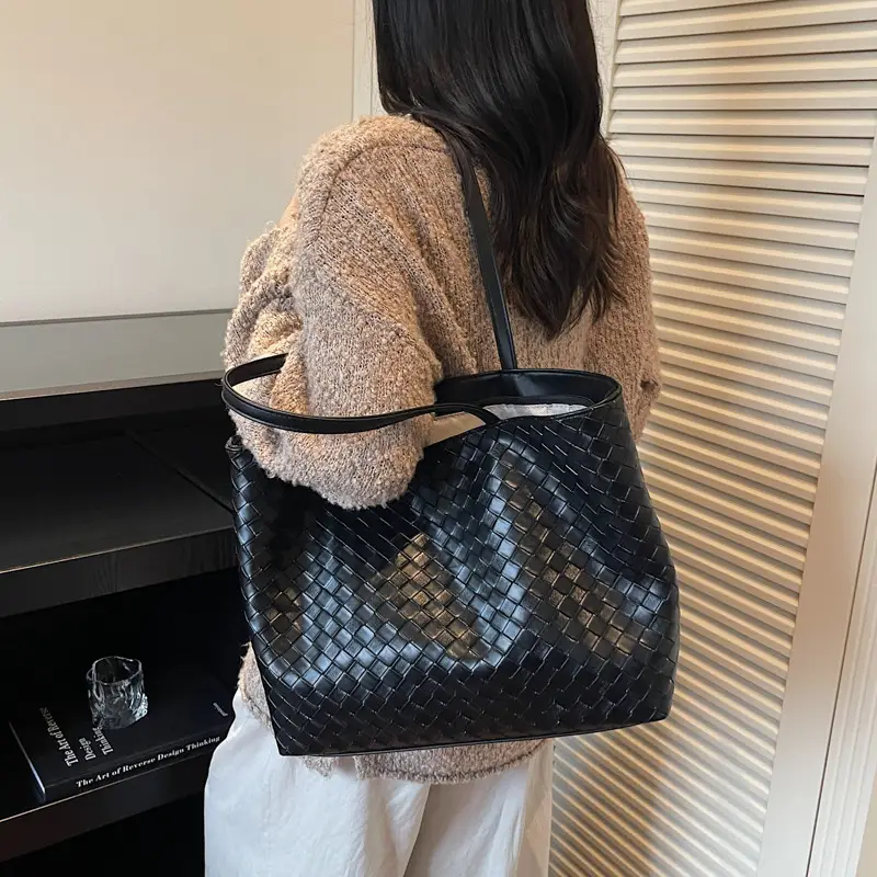Women Woven Leather Shoulder Bag Large Fashion Tote