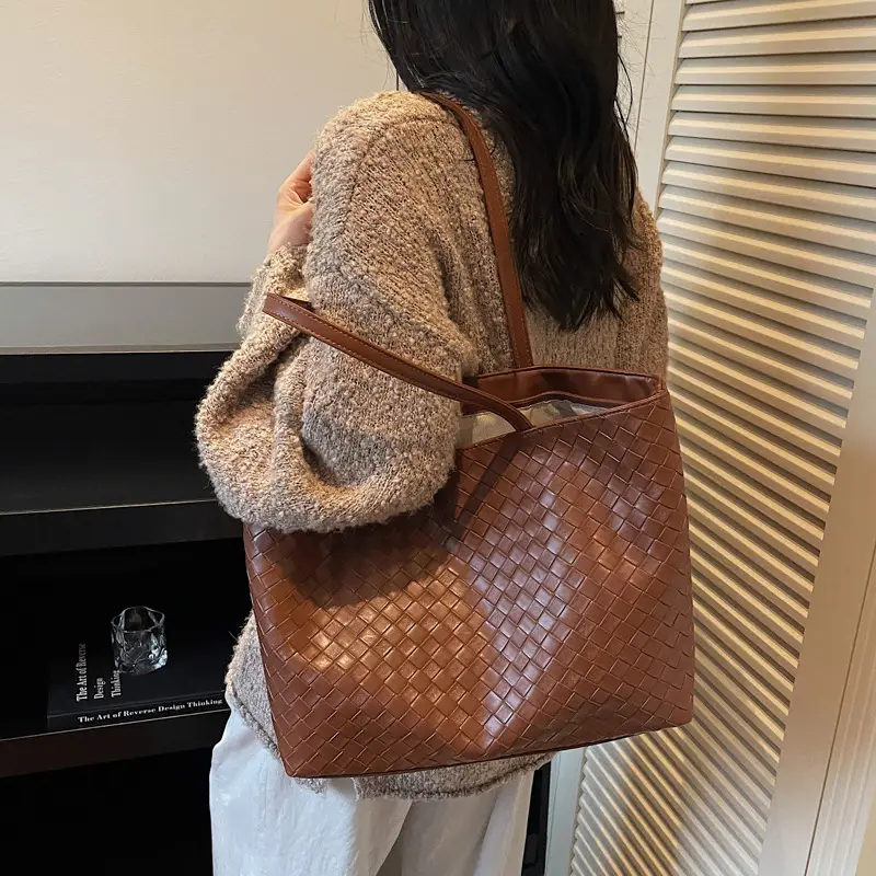 Women Woven Leather Shoulder Bag Large Fashion Tote