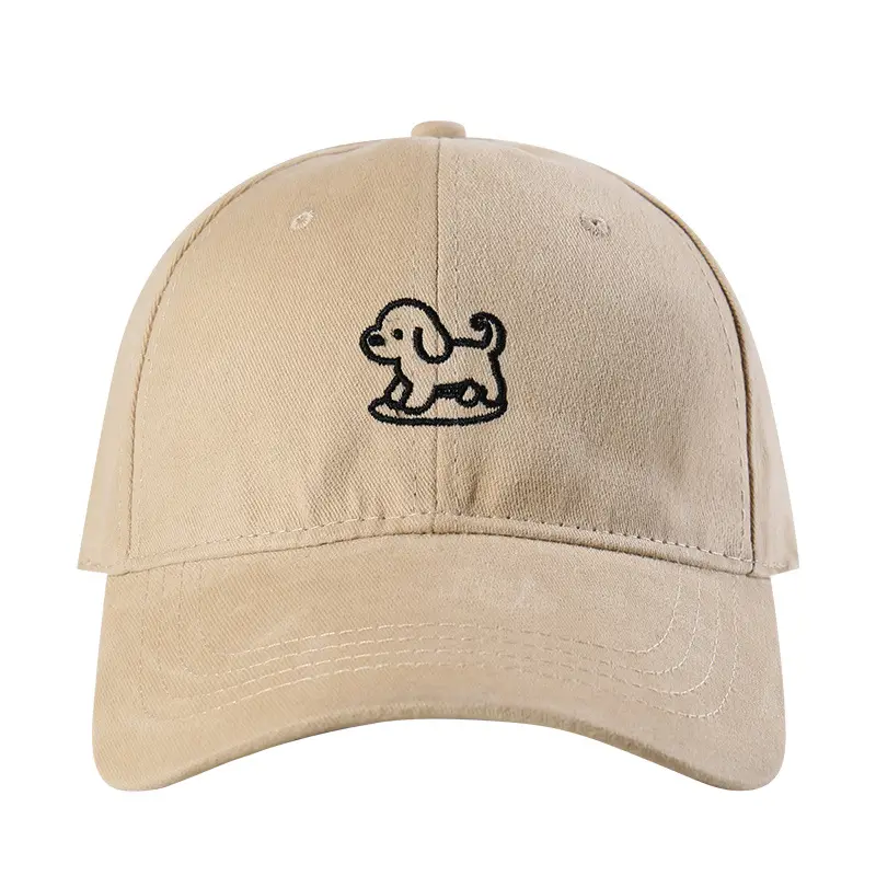 Black Cotton Baseball Cap with White Dog Embroidery