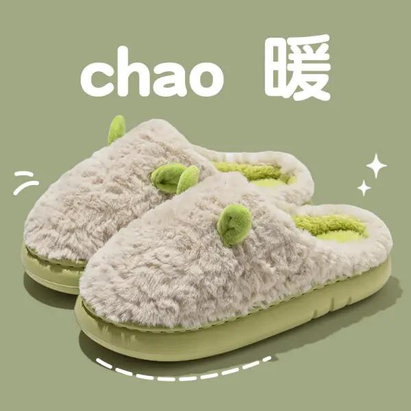 Winter Cotton Slippers Women Green Cute Warm Indoor - Image 2