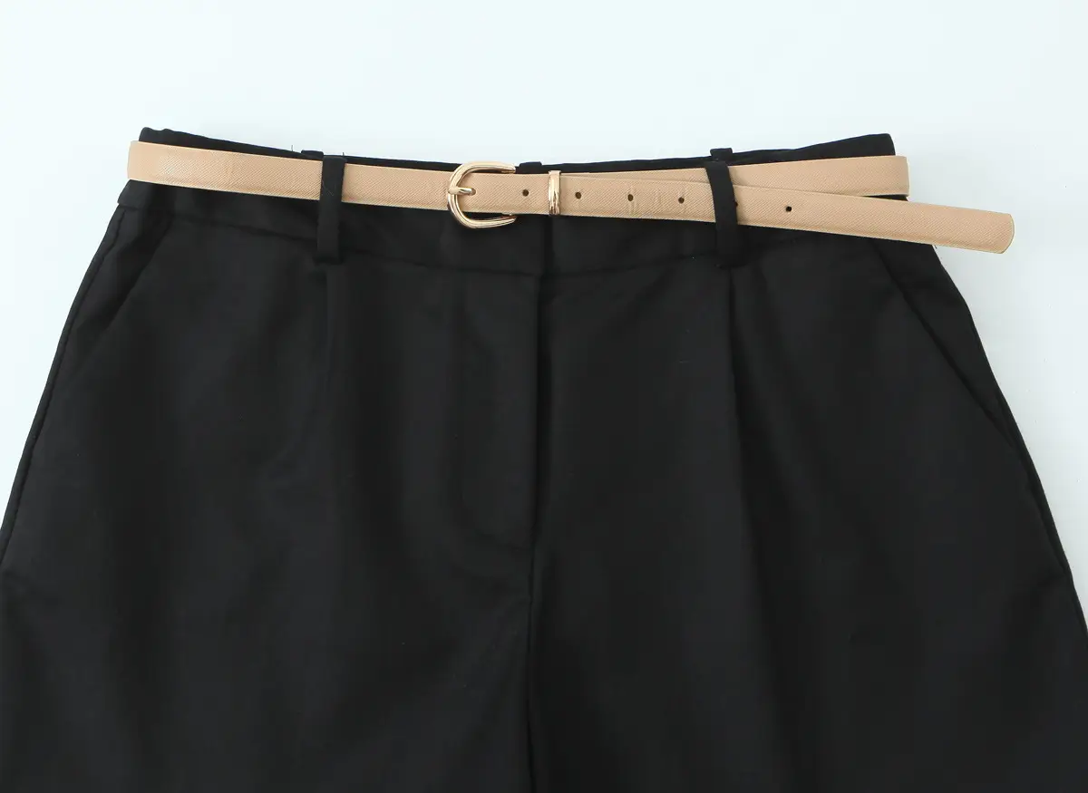 Cross-Border Belted Pleated Shorts Solid Color — feature 10