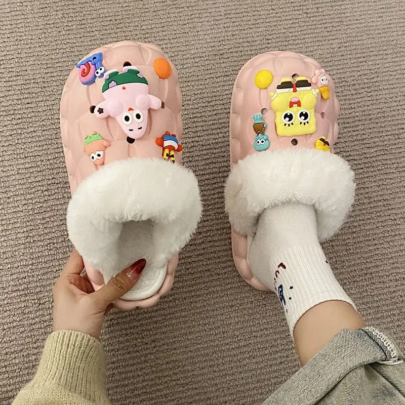 Waterproof Cotton Slippers for Women's Outer Wear in Winter, Non-Slip Removable Fur Shoes, Home Indoor Warm Fleece-Lined Slippers 2025