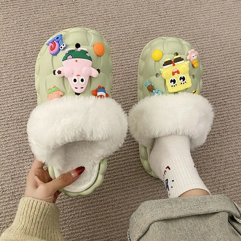 Waterproof Cotton Slippers for Women's Outer Wear in Winter, Non-Slip Removable Fur Shoes, Home Indoor Warm Fleece-Lined Slippers 2025