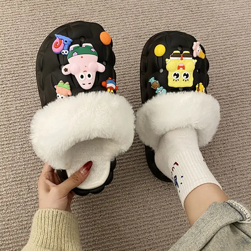 Waterproof Cotton Slippers for Women's Outer Wear in Winter, Non-Slip Removable Fur Shoes, Home Indoor Warm Fleece-Lined Slippers 2025