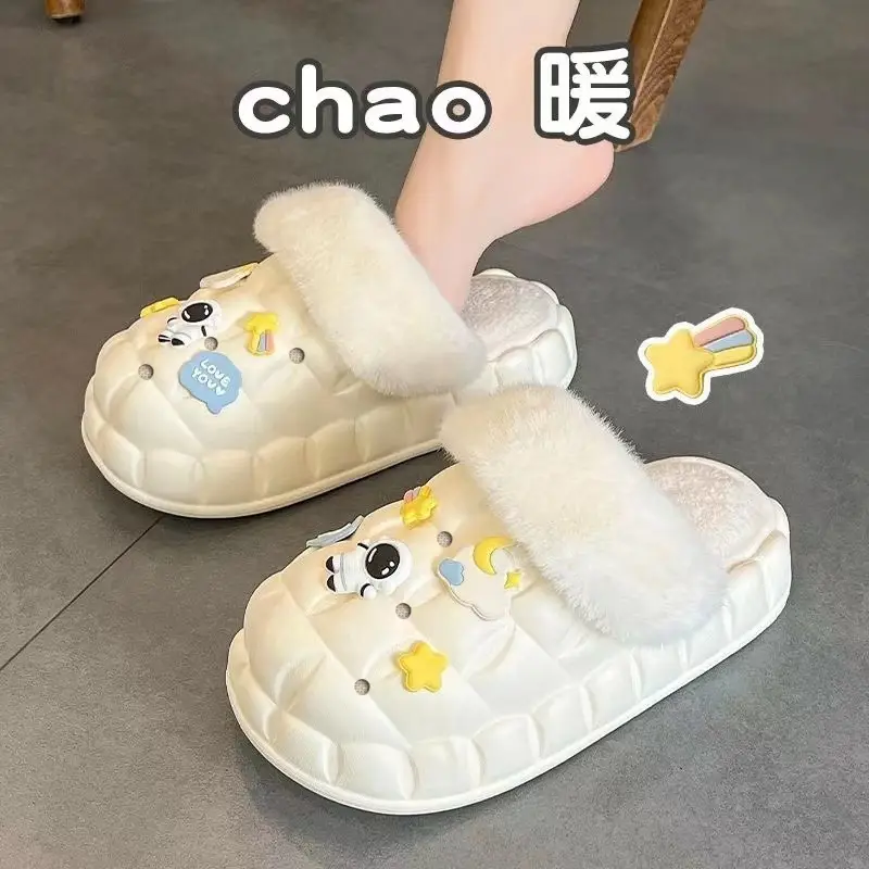 Waterproof Cotton Slippers for Women's Outer Wear in Winter, Non-Slip Removable Fur Shoes, Home Indoor Warm Fleece-Lined Slippers 2025